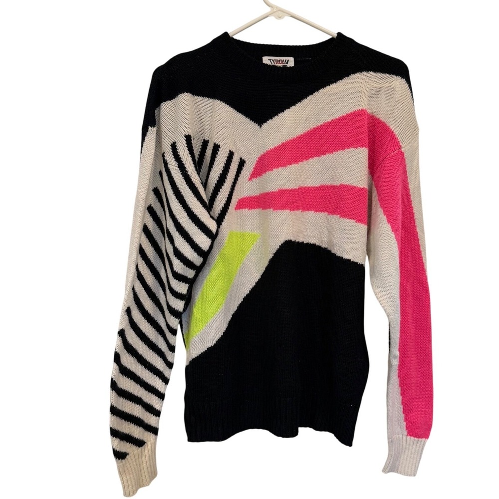 Vintage Tyrolia by Head 80s Neon Geometric Wool Blend Ski Sweater Black Pink
